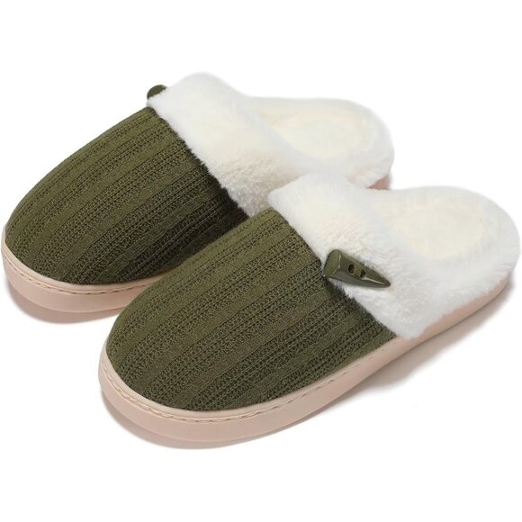 Women's Green Scuff Faux Fur Lining Memory Warm Foam Plush Slippers Shoes - Picture 7 of 8
